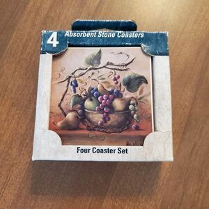 Stone Art Fruit Bowl Still Life Coasters Set of 4 Stoneware & Cork